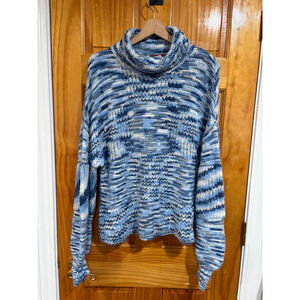STAUD Benny Turtleneck Chunky Knit Sweater Blue White Space Dye Women’s Medium